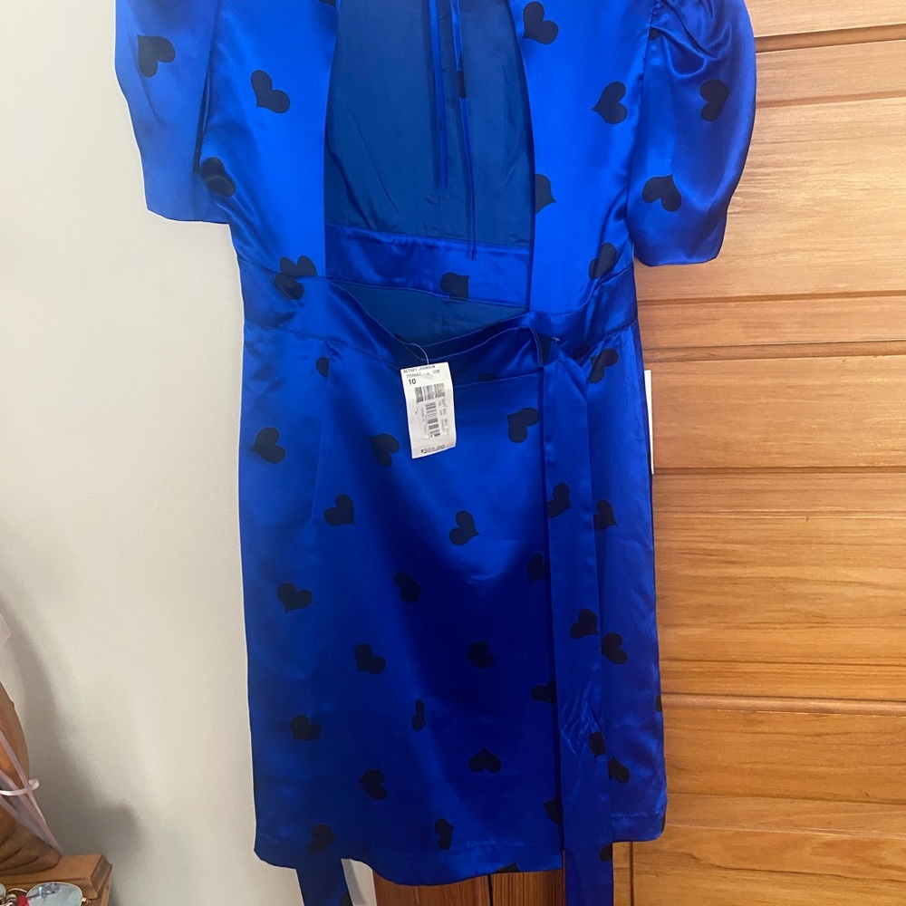 NWT Early 2000s Blue Satin Betsy Johnson Wrap dress w/ Black Hearts. Size 10 - Picture 7 of 9